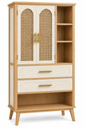 Armoire beige et crème à portes tressées, tiroirs et niches latérales
