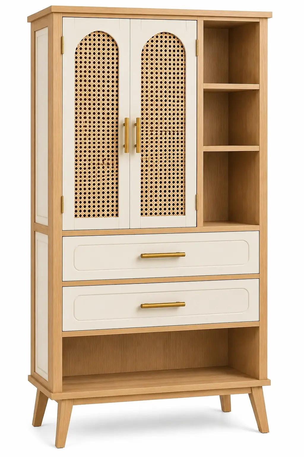 Armoire beige et crème à portes tressées, tiroirs et niches latérales