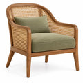 Fauteuil vert à dossier tressé arrondi et structure marron