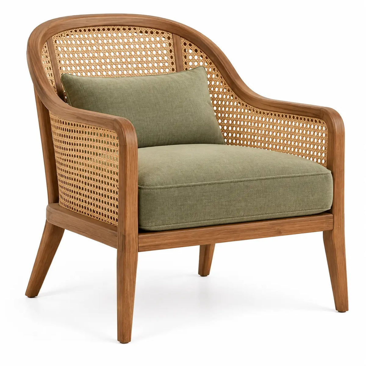 Fauteuil vert à dossier tressé arrondi et structure marron