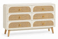 Commode crème à six tiroirs ajourés cintrés et pieds beiges