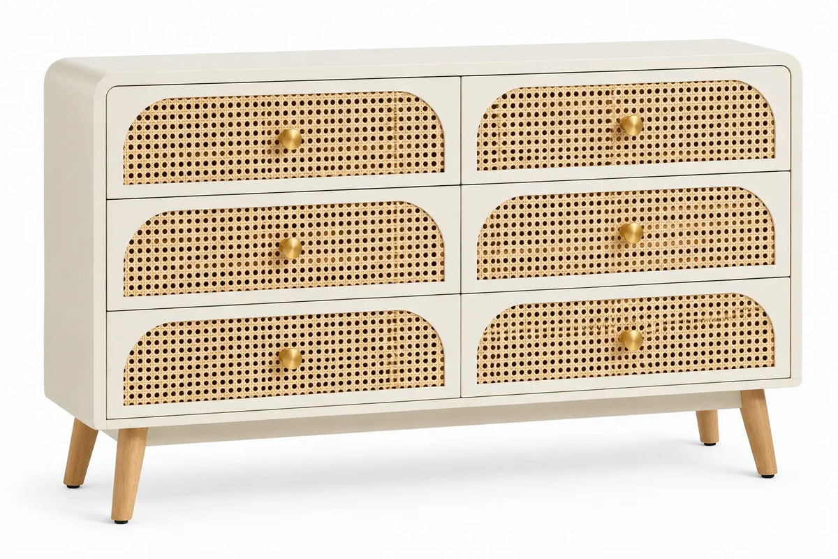 Commode crème à six tiroirs ajourés cintrés et pieds beiges