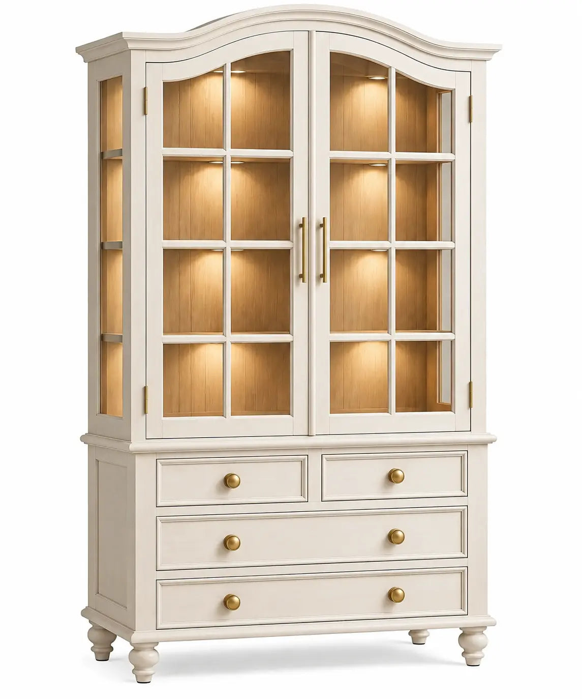 Vitrine crème à couronnement ondulé et quatre tiroirs bas