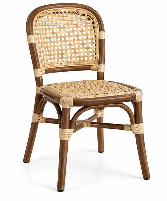 Chaise marron et beige à dossier tressé arrondi