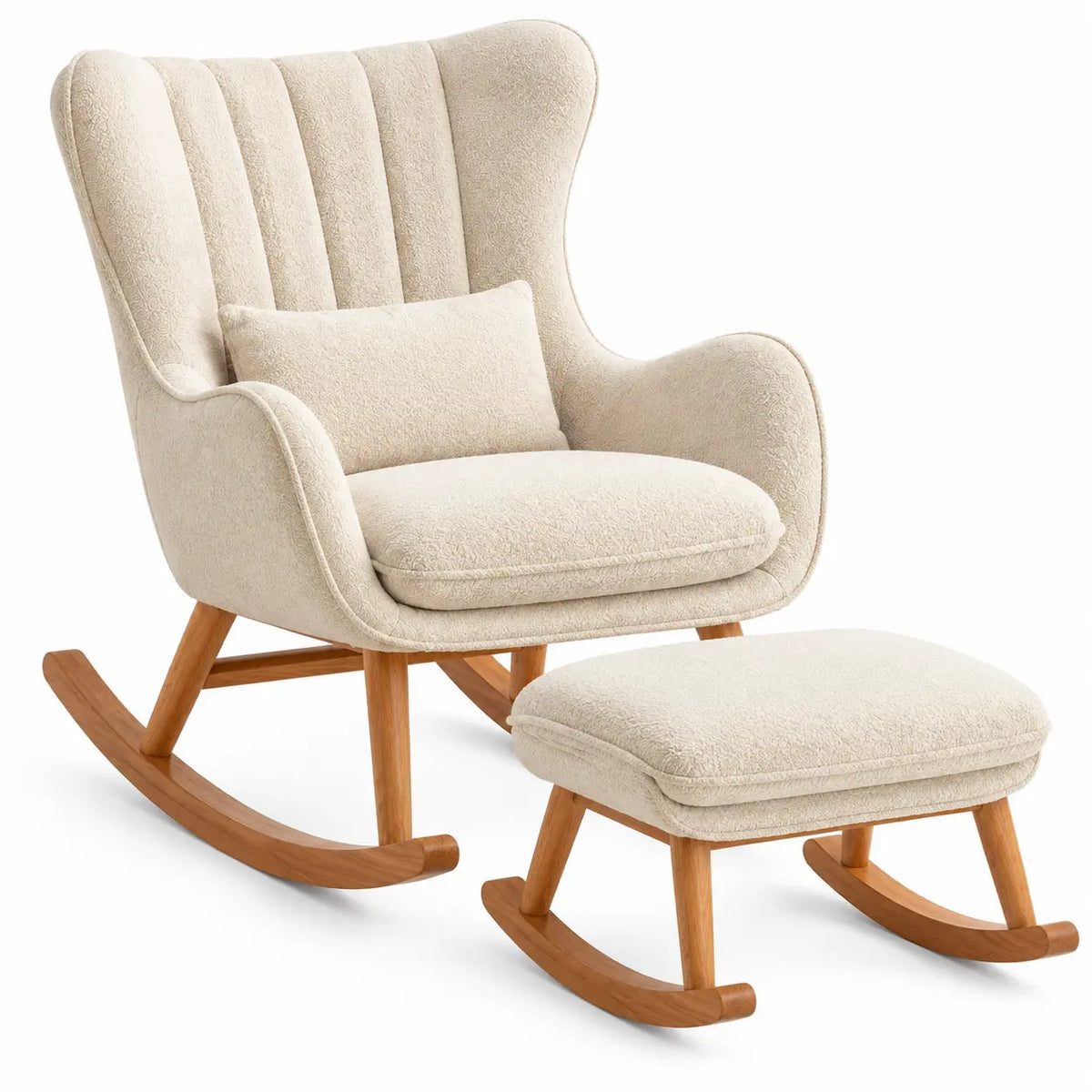 Fauteuil à bascule beige à haut dossier avec repose-pieds assorti