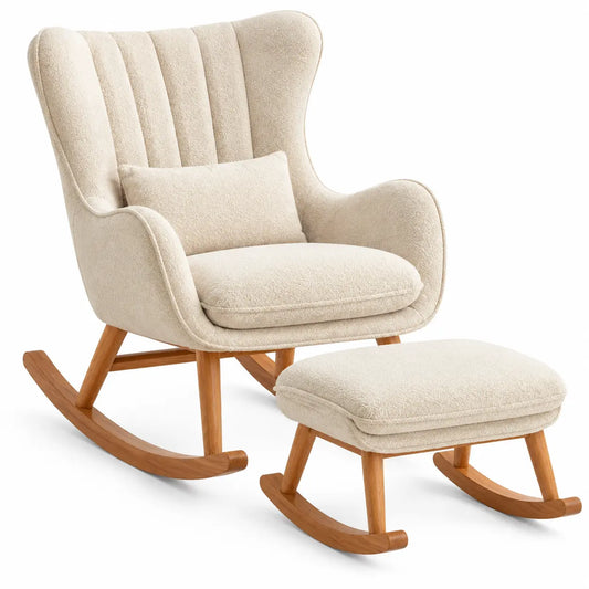 Fauteuil à bascule beige à haut dossier avec repose-pieds assorti