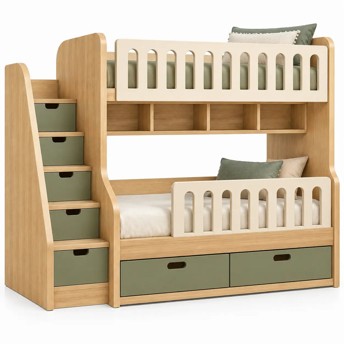 Lits superposés beige et vert avec escalier à tiroirs et rangements bas