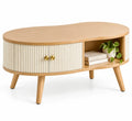 Console ovale beige et crème à portes striées et niche latérale