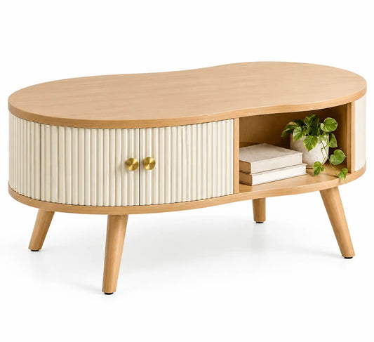 Console ovale beige et crème à portes striées et niche latérale