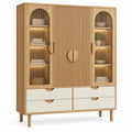 Vitrine beige et crème à portes striées, panneaux vitrés et quatre tiroirs