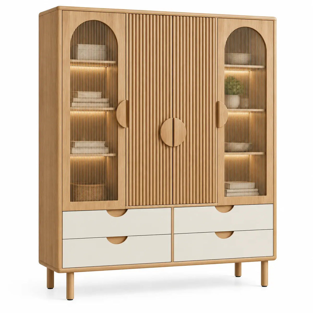 Vitrine beige et crème à portes striées, panneaux vitrés et quatre tiroirs