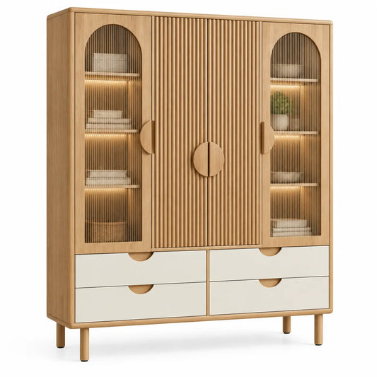 Vitrine beige et crème à portes striées, panneaux vitrés et quatre tiroirs