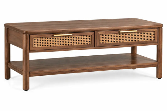 Console marron à deux tiroirs tressés et tablette inférieure