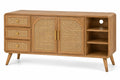 Buffet beige à portes tressées, trois tiroirs et niches ouvertes