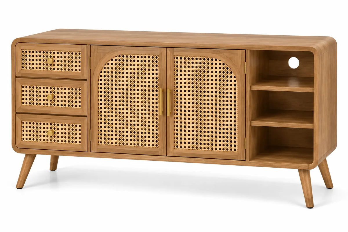 Buffet beige à portes tressées, trois tiroirs et niches ouvertes