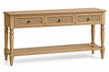 Console beige à trois tiroirs ajourés et pieds tournés