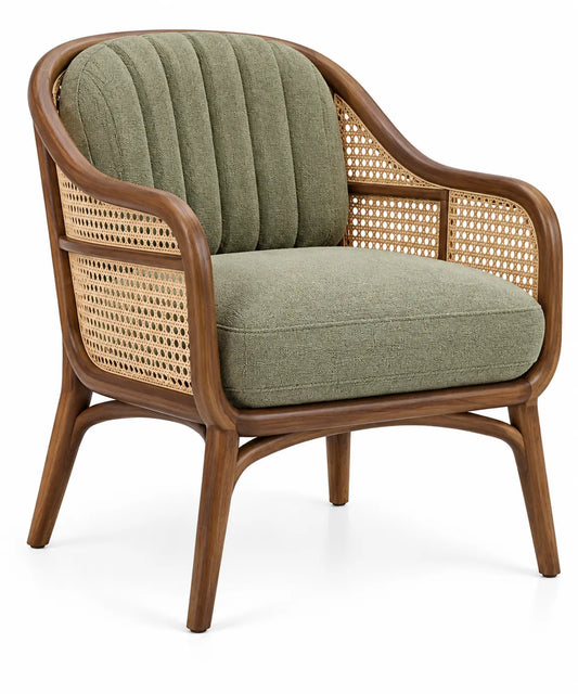 Fauteuil vert à dossier rainuré et côtés tressés marron