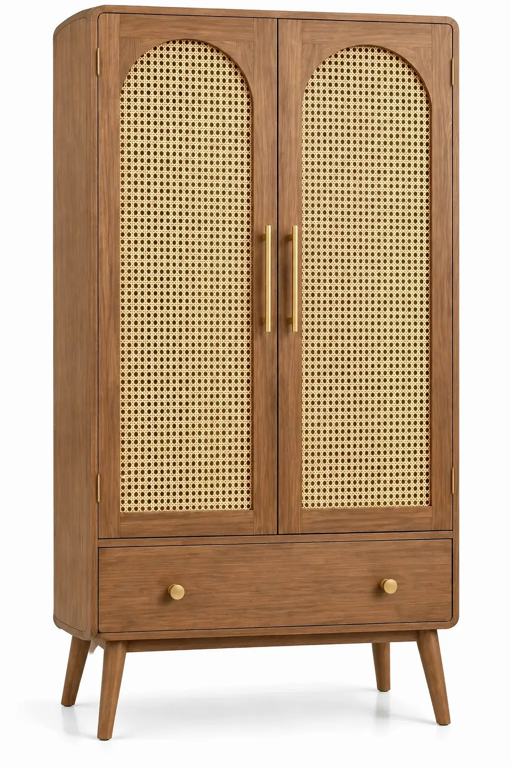 Armoire marron à deux portes tressées en arche et tiroir inférieur