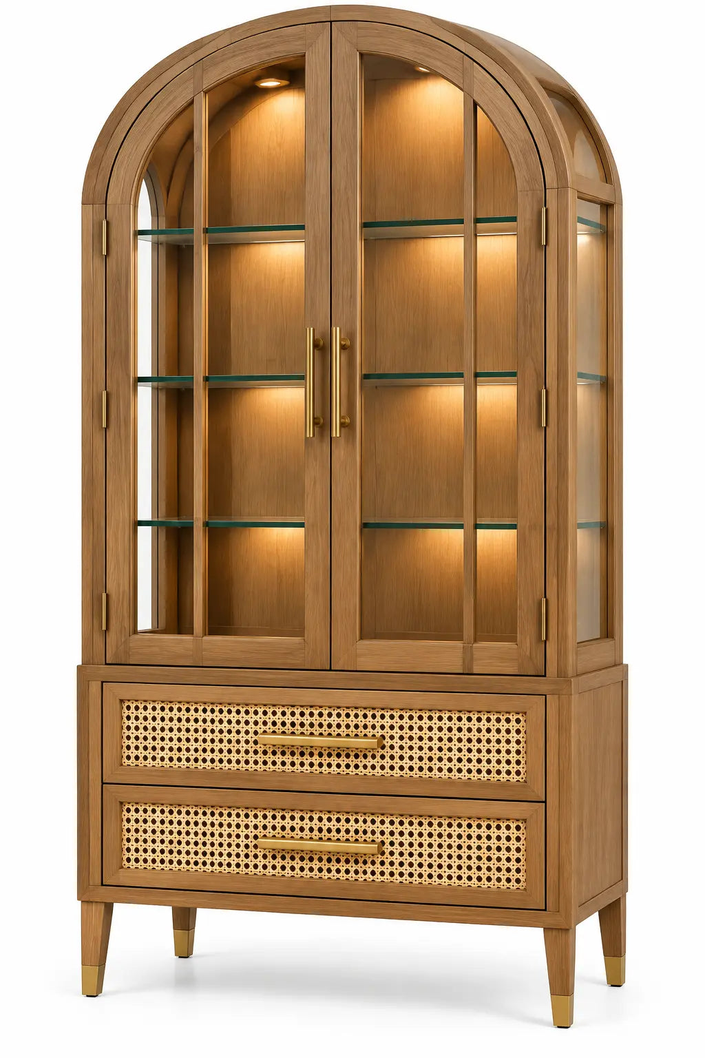Vitrine beige cintrée à portes vitrées et deux tiroirs tressés