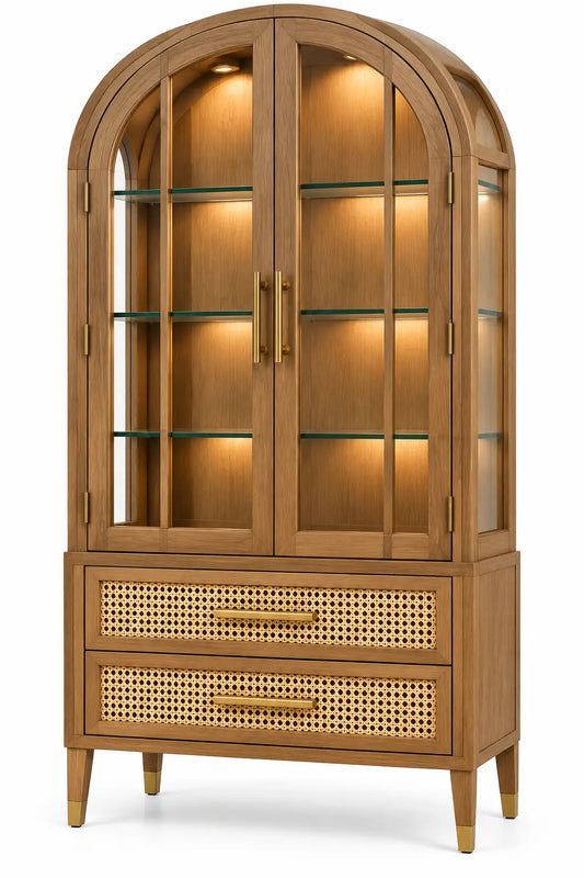 Vitrine beige cintrée à portes vitrées et deux tiroirs tressés
