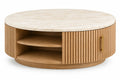 Table basse ronde beige à porte striée, niches et plateau clair