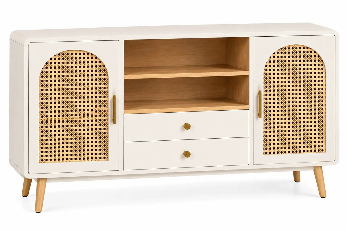 Buffet crème et beige à portes tressées, niches et deux tiroirs