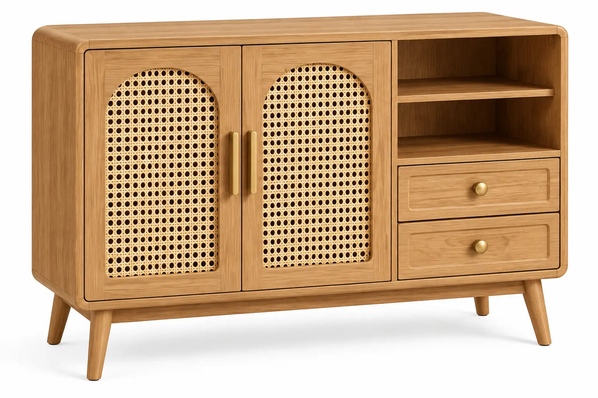 Buffet beige à deux portes ajourées, niches et deux tiroirs