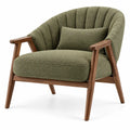 Fauteuil vert à dossier cannelé arrondi et accoudoirs marron