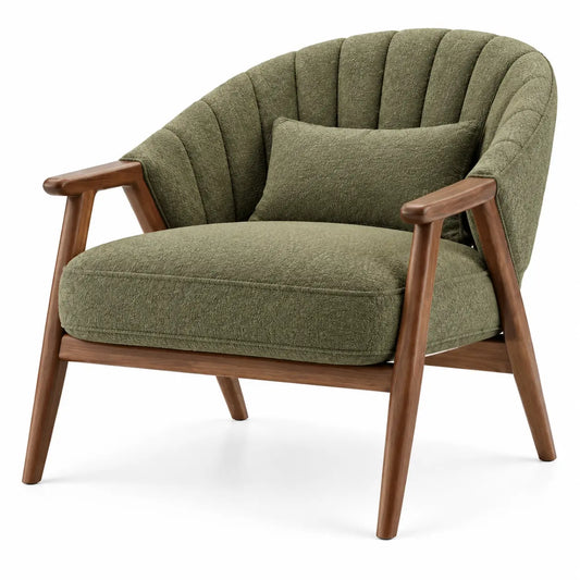 Fauteuil vert à dossier cannelé arrondi et accoudoirs marron