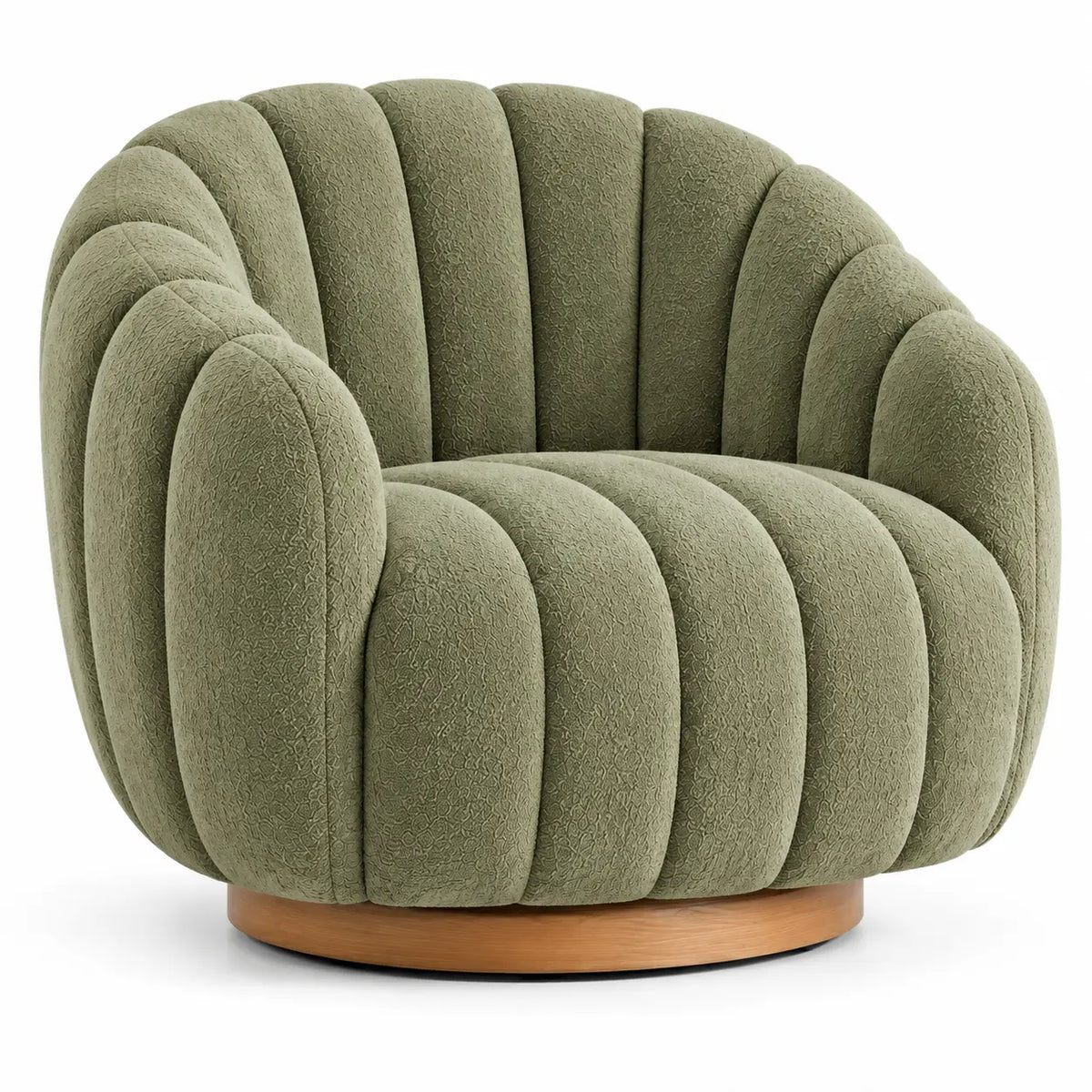 Fauteuil vert arrondi à larges bandes rembourrées et socle beige