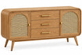 Buffet beige à portes tressées cintrées et trois tiroirs centraux
