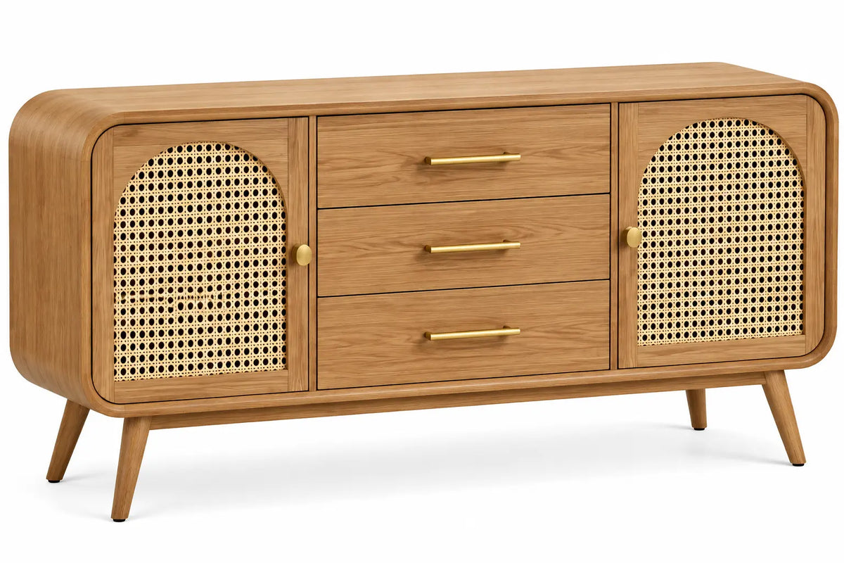 Buffet beige à portes tressées cintrées et trois tiroirs centraux
