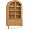 Vitrine beige en arche à deux portes vitrées et deux tiroirs striés