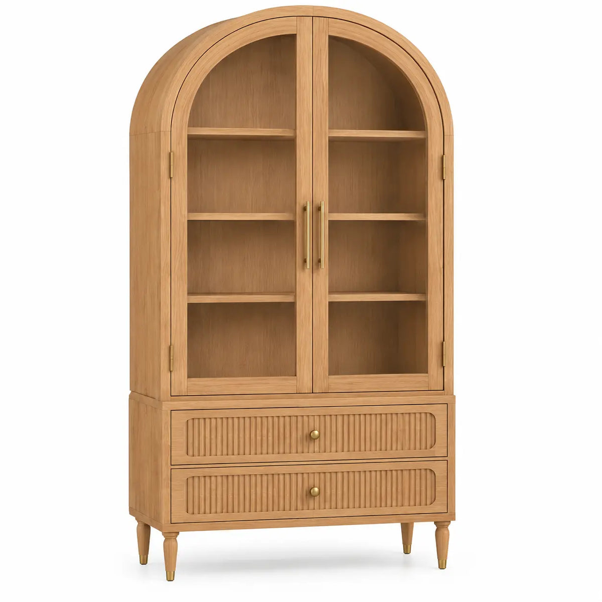 Vitrine beige en arche à deux portes vitrées et deux tiroirs striés